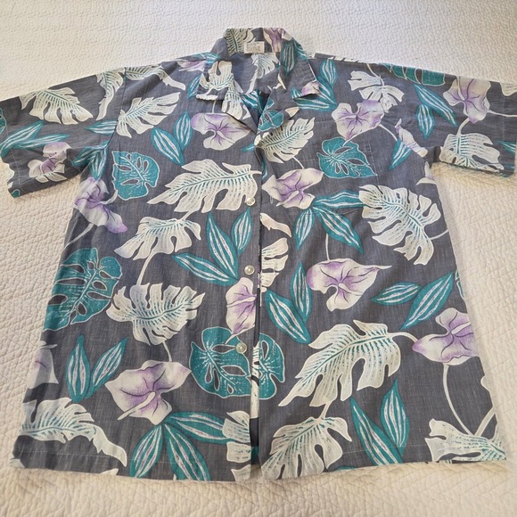 New Horizon Other - New Horizon Mens Medium Hawaiian Shirt Gray Teal Floral Monstera Made in Hawaii